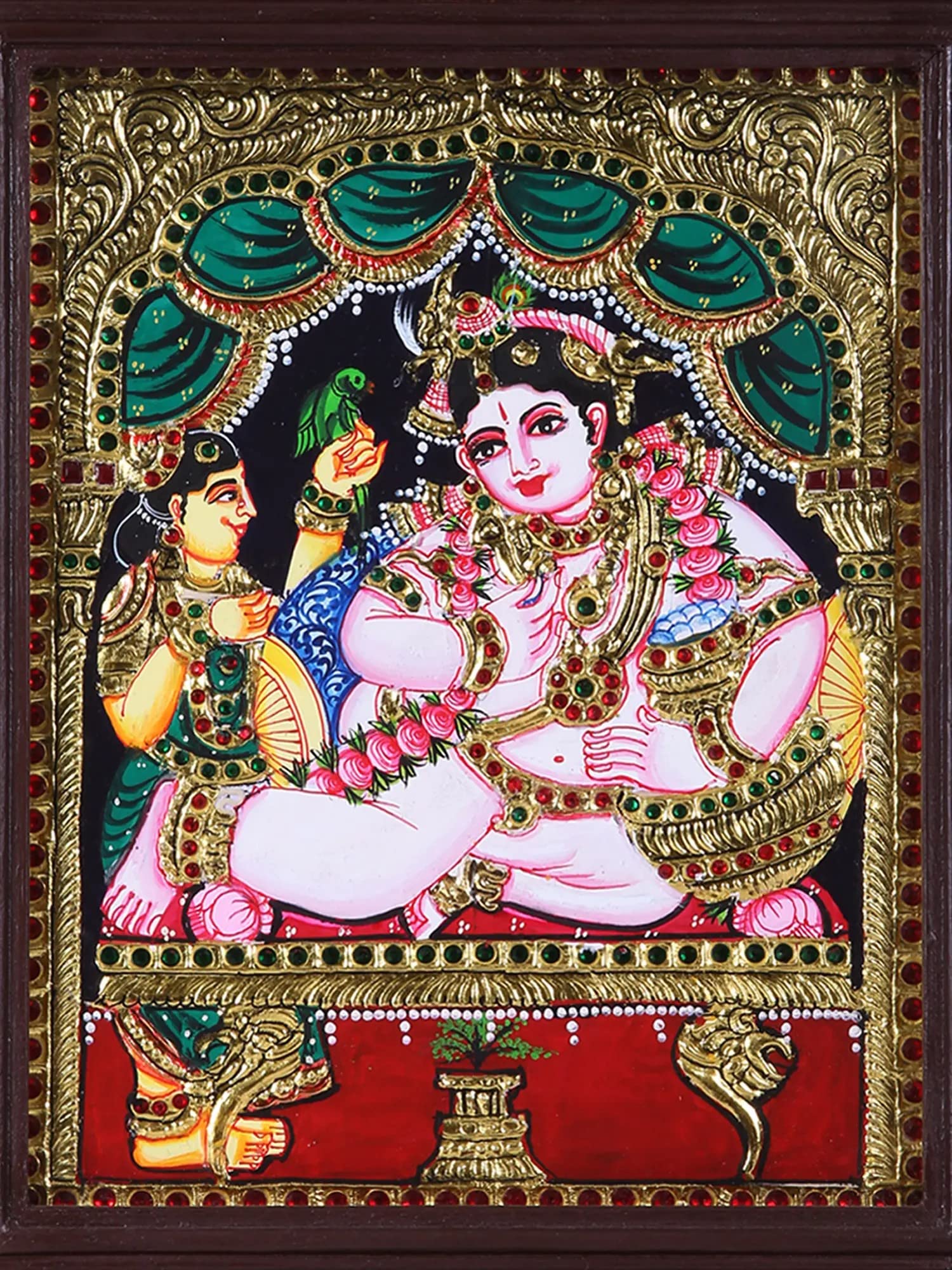 Exotic India Butter Krishna Tanjore Painting with 24K Gold & Teakwood Frame - Traditional Hindu Religious Art for Home Temple Decor & Spiritual Gifts