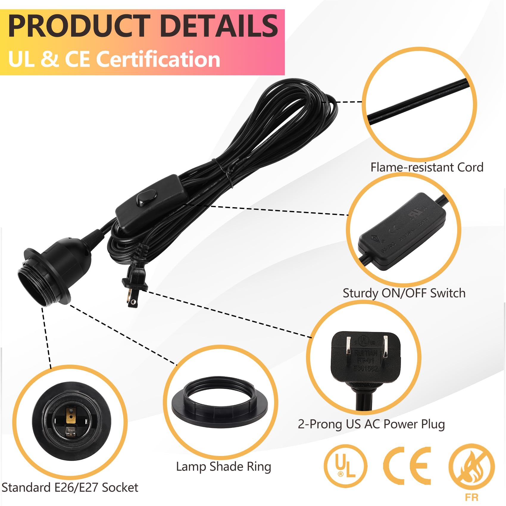 15ft Black Pendant Light Cord with Plug & On/Off Switch - 2 Pack E26 Socket Hanging Lamp Wire for Chandelier, Lantern & DIY Lighting - Perfect for Kitchen Island, Dining Room & Bedroom Decor (Bulb Not Included)