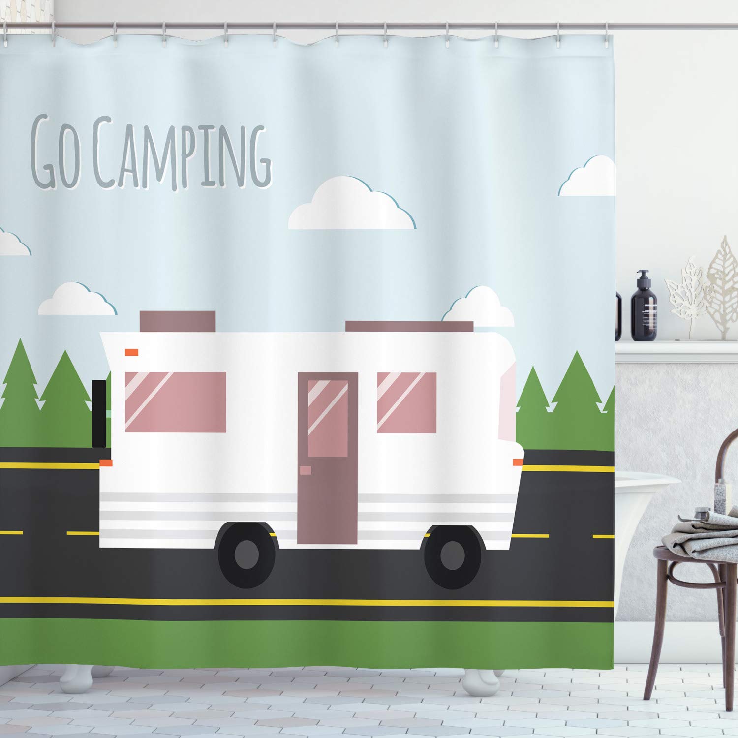Ambesonne RV Shower Curtain - Summer Camp Motorhome Travel Design, Waterproof Fabric Bathroom Decor with Hooks, 69x70 Inches, Multicolor - Perfect for Campers, Road Trips & Outdoor Adventures