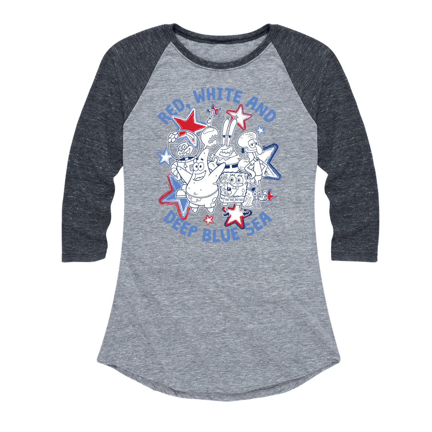 SpongeBob SquarePants Women's Raglan Graphic T-Shirt - Red, White & Navy Blue - Soft Cotton Blend Tee - Casual Wear, Cosplay & Cartoon Lovers Gift