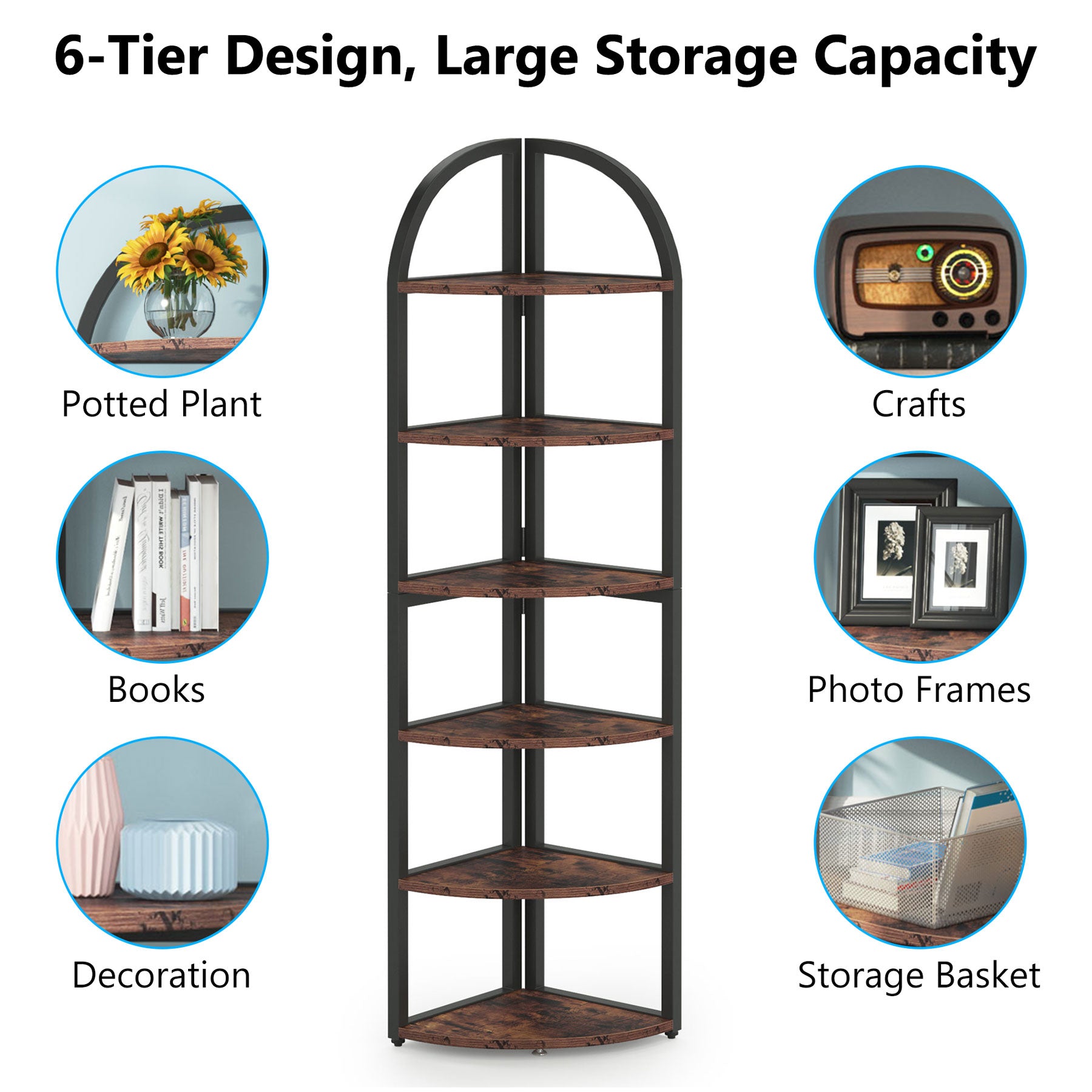 6 Tier Corner Shelf, 71 Inch Tall Corner Bookshelf for Small Spaces - Perfect for Living Room, Bedroom, Office Storage & Organization