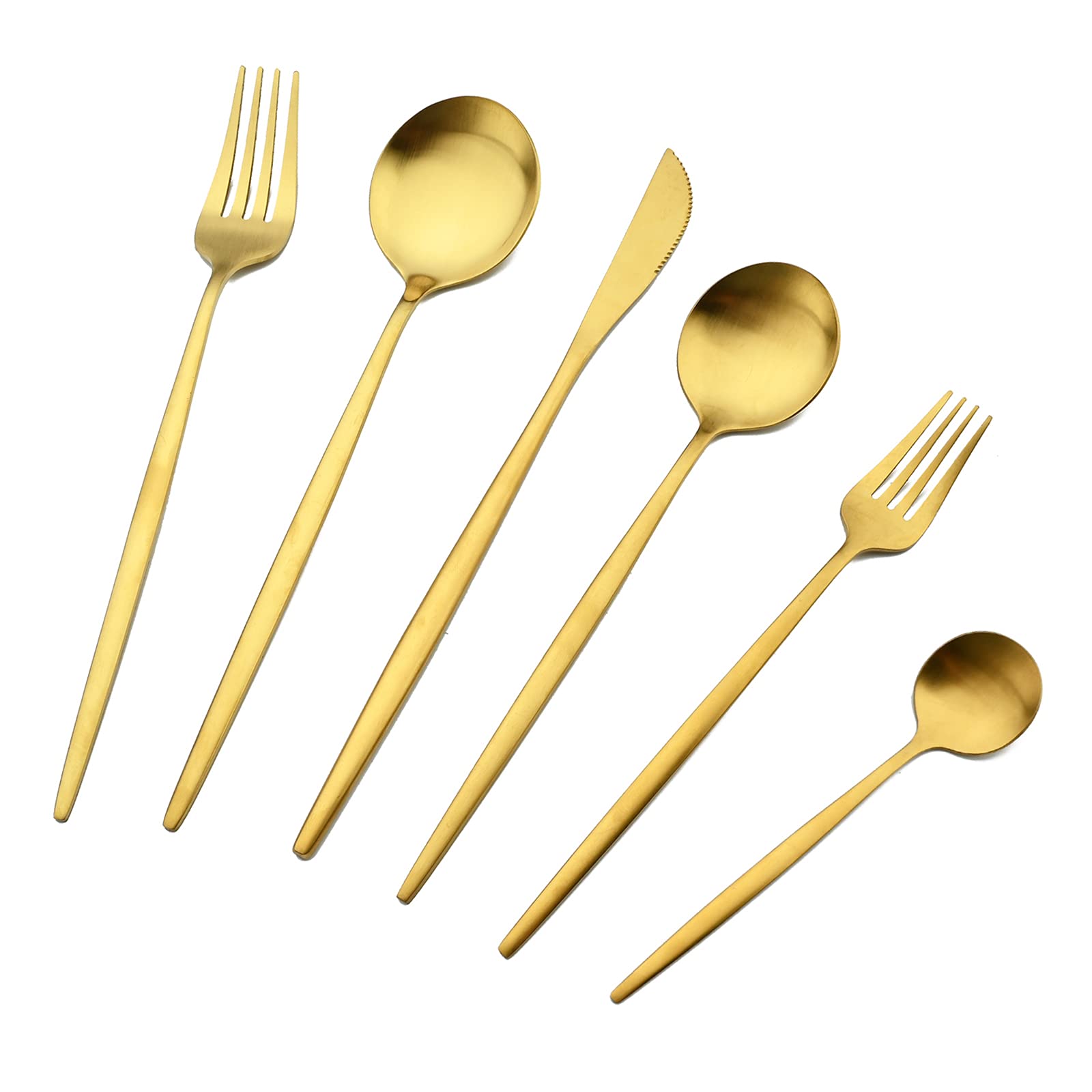 36-Piece Matte Gold Silverware Set - Satin Finish Stainless Steel Flatware Set with Flat Handle, Service for 6 (Includes Coffee Spoon) | Elegant Dining Utensils for Restaurants, Dinner Parties & Home Entertaining