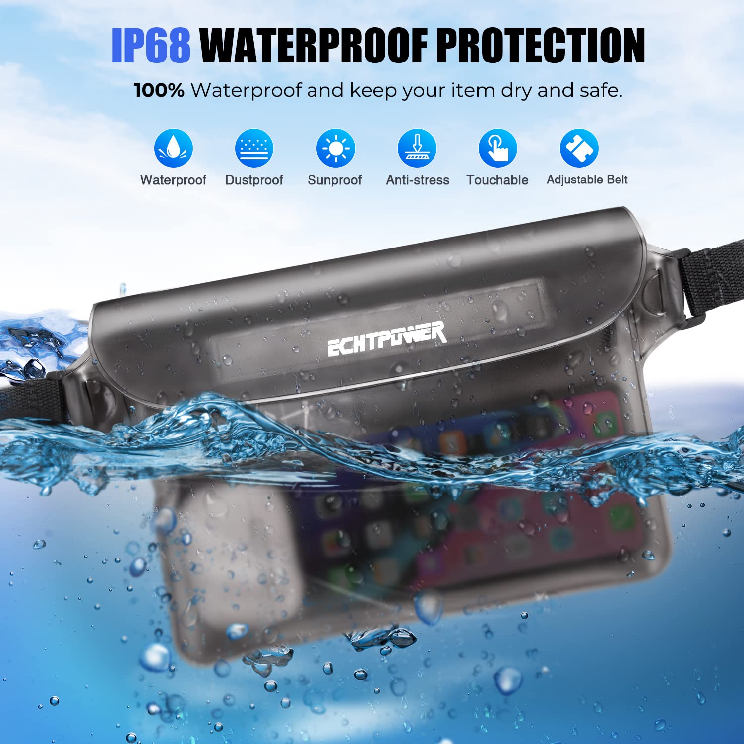 ECHTPower 2-Pack Waterproof Pouch Bag - Adjustable Waist Strap Dry Bag for Swimming, Beach, Kayaking, Boating & Outdoor Activities | Perfect for Water Sports, Travel & Adventure