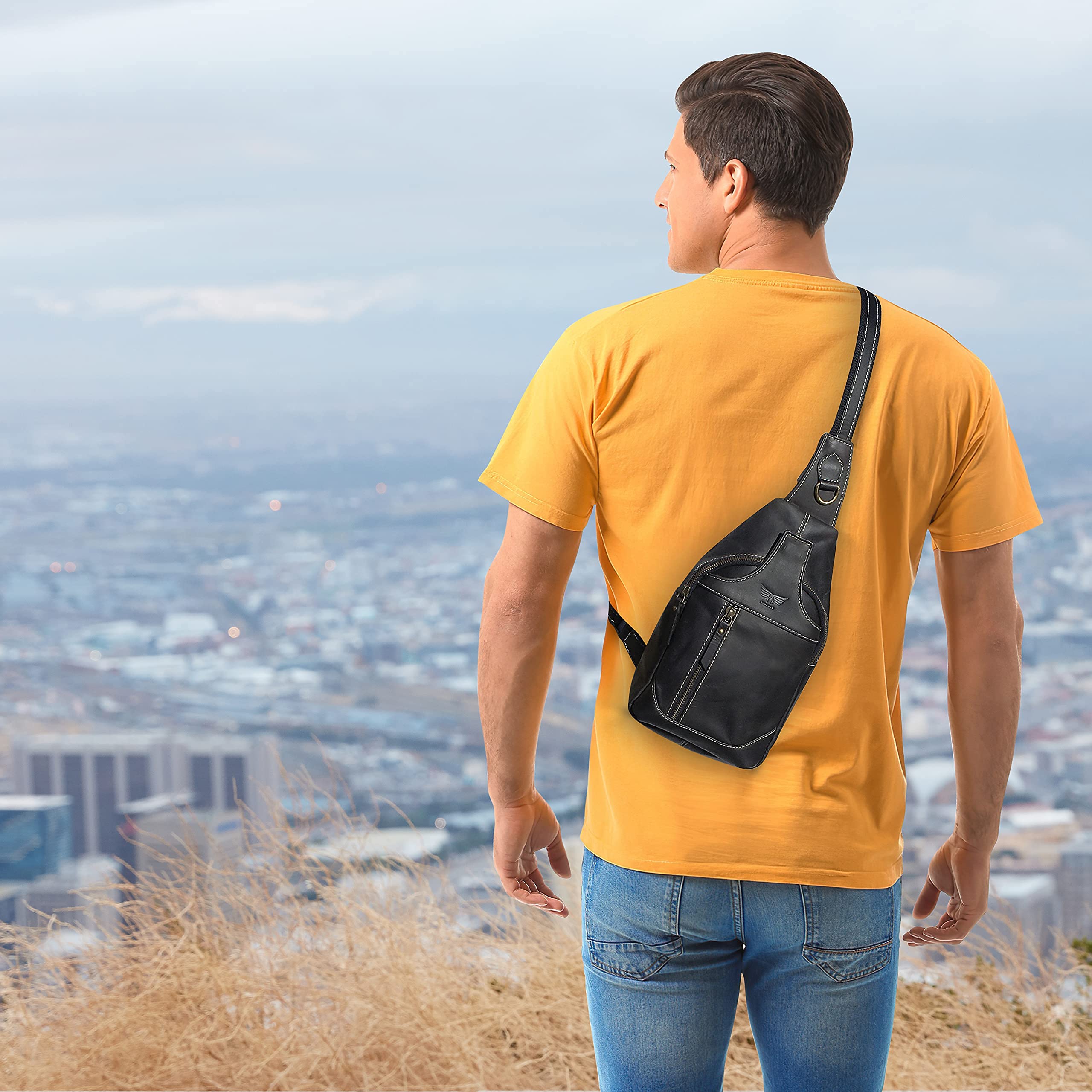 Men's Leather Crossbody Sling Bag - Small Casual Daypack Backpack with Adjustable Shoulder Strap - Multi-Purpose Chest Bag for Travel, Work & Daily Use (Black)