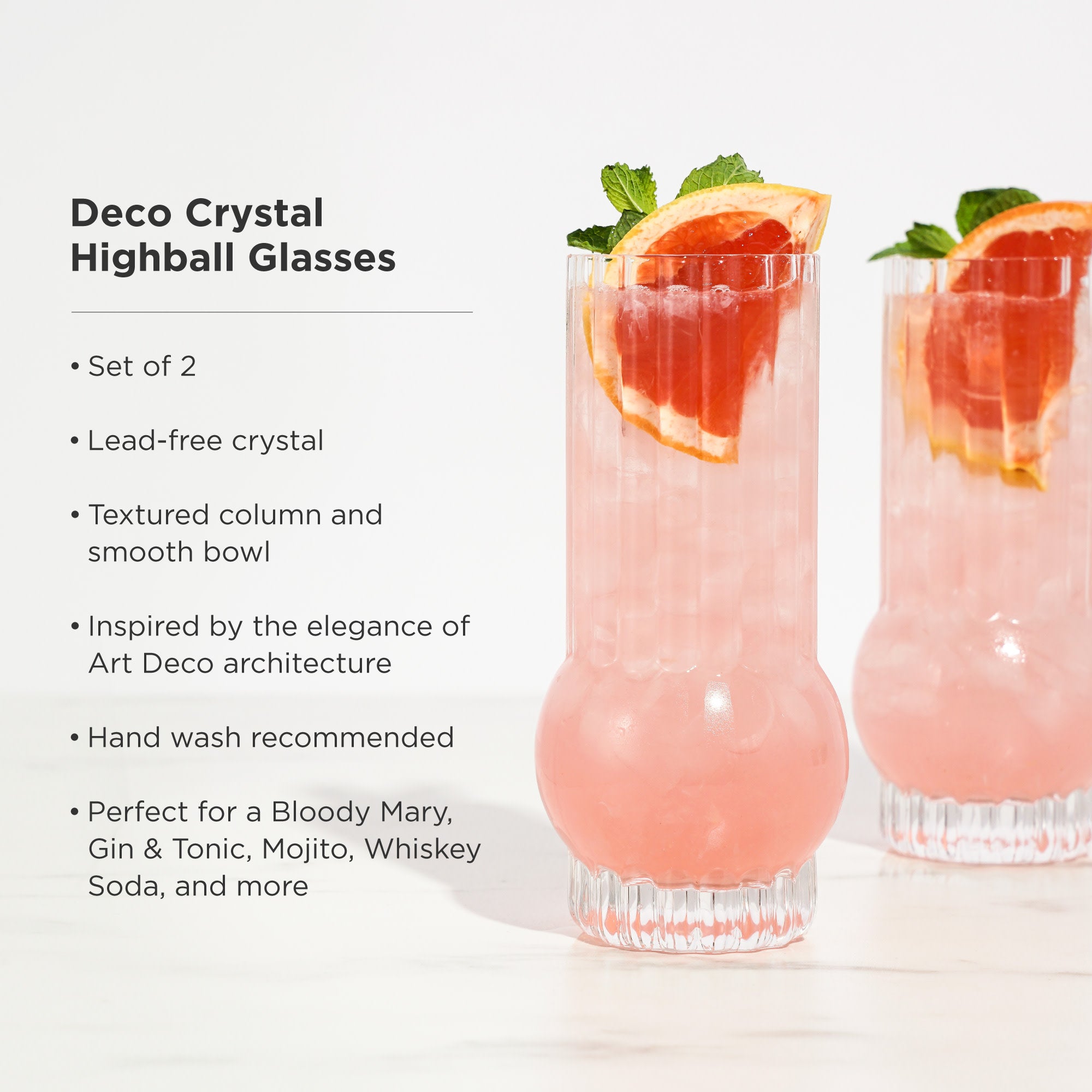 Art Deco Crystal Highball Glasses Set of 2 - Elegant Vintage Cocktail Glasses for Whiskey, Gin & Tonic - Perfect for Home Bar, Parties & Gifts