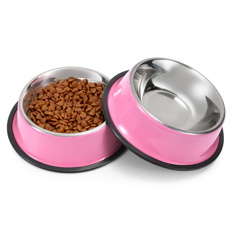 WERFORU 2 Pack Stainless Steel Pet Bowls for Dogs & Cats - Medium Size Pink Food & Water Dish for Feeding | Indoor & Outdoor Use, Travel Friendly