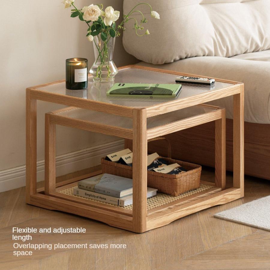 Solid Oak Wood Coffee Table with Glass Top and Rattan Shelf - Perfect for Living Room, Patio, or Outdoor Furniture Decor