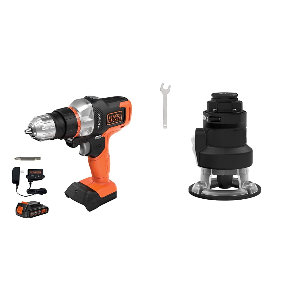 BLACK+DECKER 20V MAX Cordless Drill Driver with Router Attachment - Matrix System (BDCDMT120C & BDCMTR) | Power Tool Kit for DIY Home Improvement, Woodworking & Construction Projects