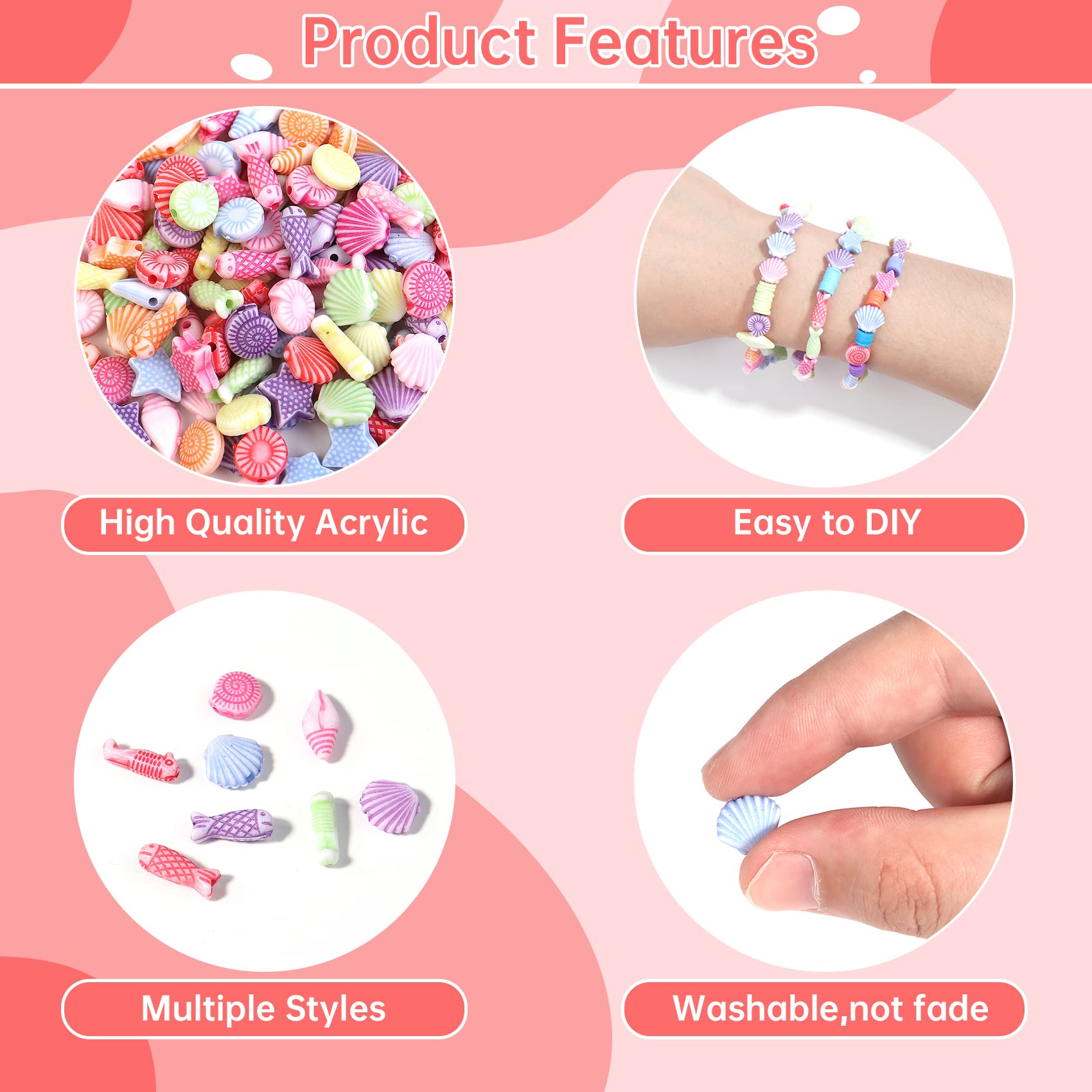 200pcs Acrylic Beads Mixed Shells Starfish Scallops - Marine Organism Spacer Beads for DIY Jewelry Making, Bracelets, Necklaces - Perfect for Beach Theme Crafts, Party Favors, and Home Decor
