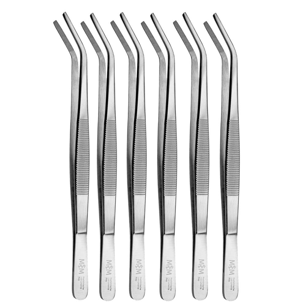 Premium Set of 6 Stainless Steel Cooking Tweezers - 20cm Curved Kitchen Tongs for BBQ, Grilling, Baking & Food Plating - Professional Chef Tools for Precision Cooking & Garnishing