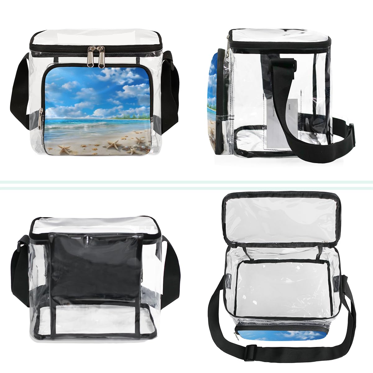 GzLeyigou Clear Transparent Tote Bag with Handles - Blue Sky Beach Starfish Shell Design - Crossbody Shoulder Bag & Lunch Tote for Outdoor Activities, Travel, Picnic, Concerts & Sports Events (Stadium Approved) - Perfect for Beach Days, Music Festivals and Summer Adventures
