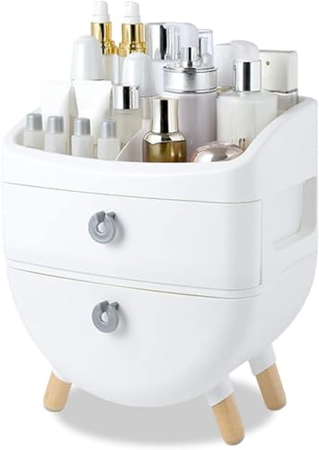 Elegant White Portable Makeup Organizer with 2 Drawers & 4 Wooden Legs - Cosmetic Storage Box for Lipstick, Skincare, Brushes, Nail Polish & Jewelry | Perfect for Vanity, Bathroom & Travel Organization
