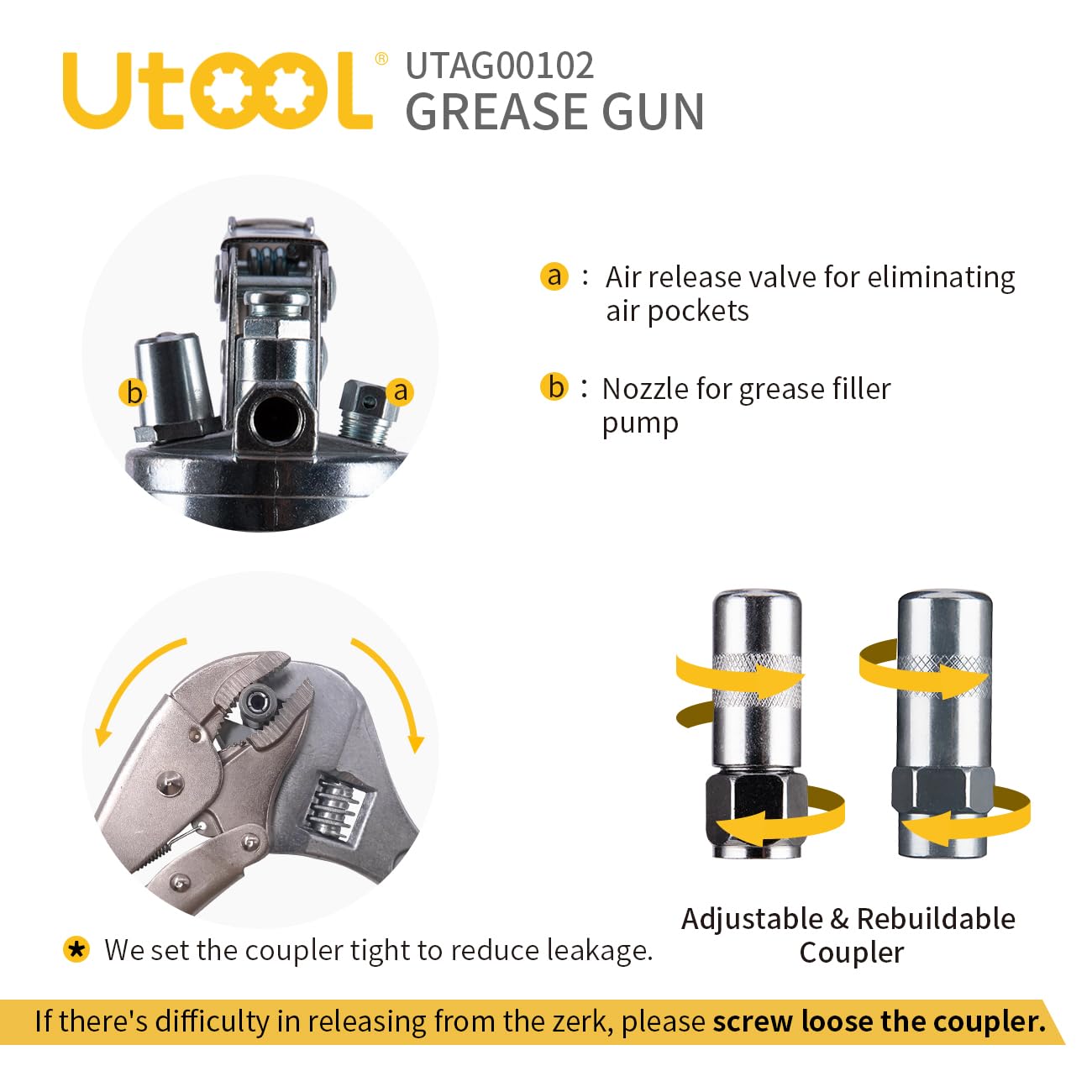 UTOOL 8000 PSI Heavy Duty Pistol Grip Grease Gun Kit - 14 oz Capacity with 18 Inch Resin Flex Hose, 2 Couplers, 2 Extension Pipes & Nozzle - Perfect for Automotive, Industrial & Farm Equipment Maintenance