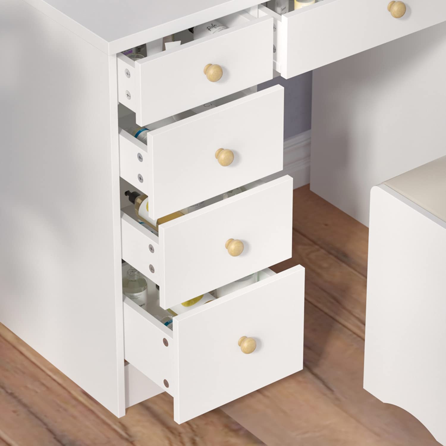 White Vanity Desk Set with Mirror & Stool - 5 Drawers for Bedroom Makeup