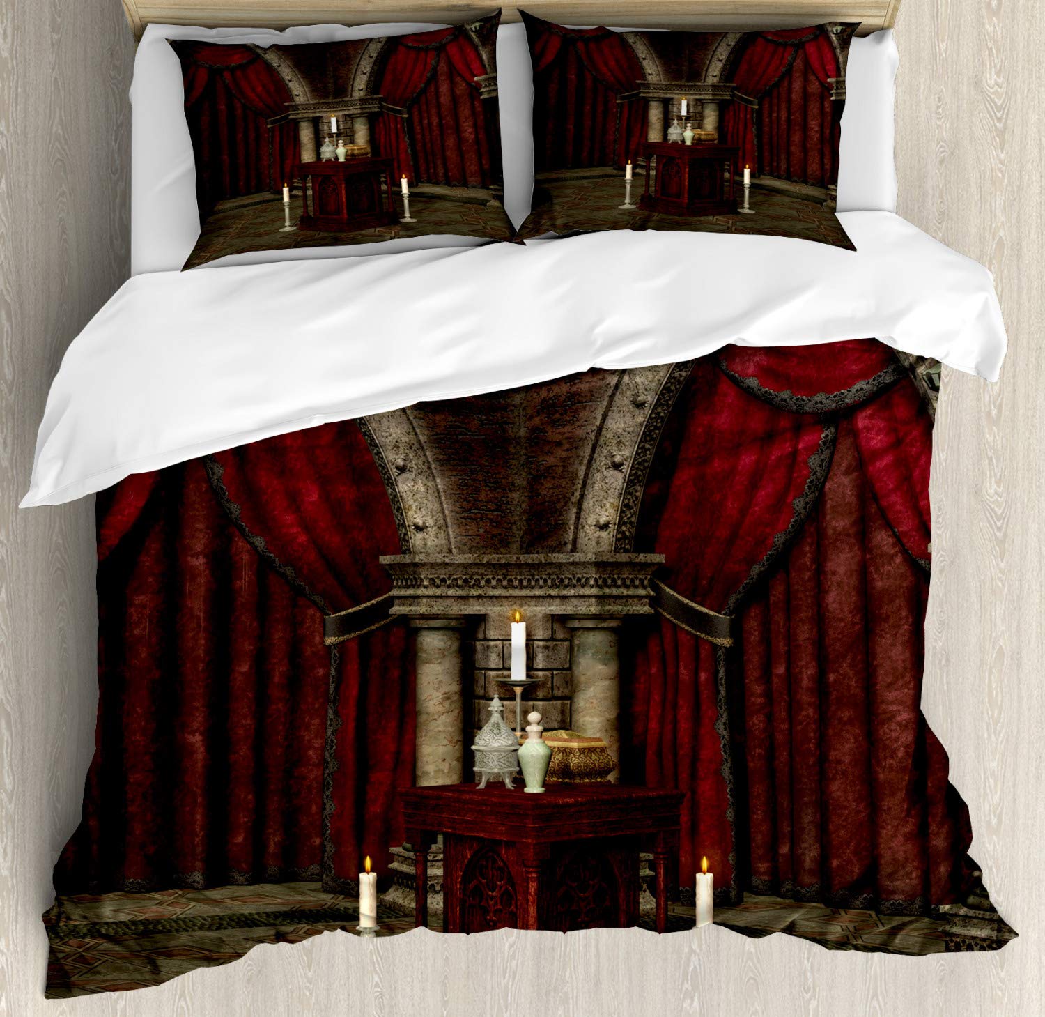 Ambesonne Gothic Duvet Cover Set - Mysterious Dark Castle Pillars & Candles Design, 3-Piece Luxury Bedding Set with 2 Pillow Shams, California King Size, Black & Red - Perfect for Gothic Bedroom Decor, Halloween Theme, Vampire Lair & Dark Fantasy Atmosphere