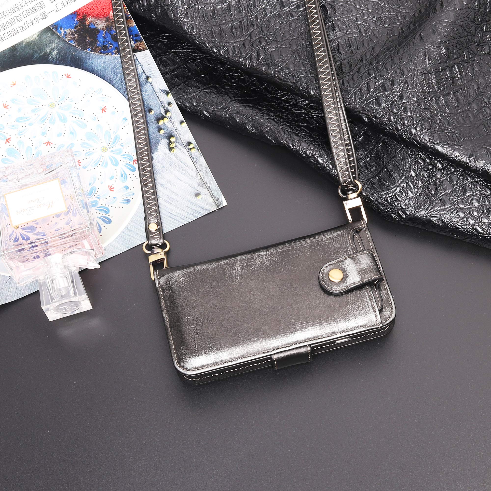 APOWUS Detachable Wallet Phone Case for iPhone 7/8 - Flip Cover with Adjustable Shoulder Strap, Small Messenger Pouch Bag for Women & Men (Retro Black) | Perfect for Travel, Shopping & Everyday Use