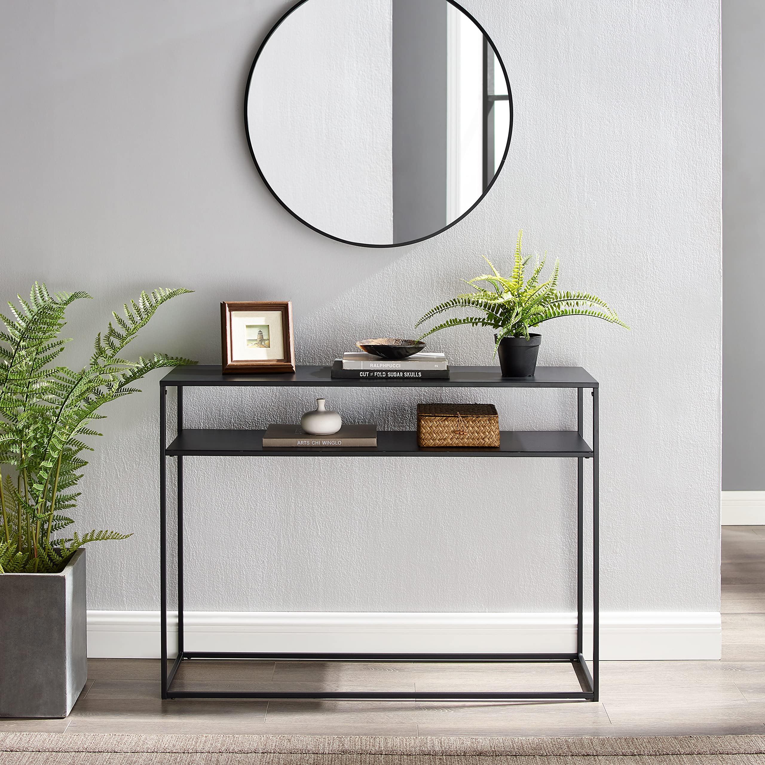 Crosley Furniture Braxton Sofa Console Table with Storage Shelf - Hallway, Entryway, Living Room Accent Table - Matte Black Finish for Modern Home Decor