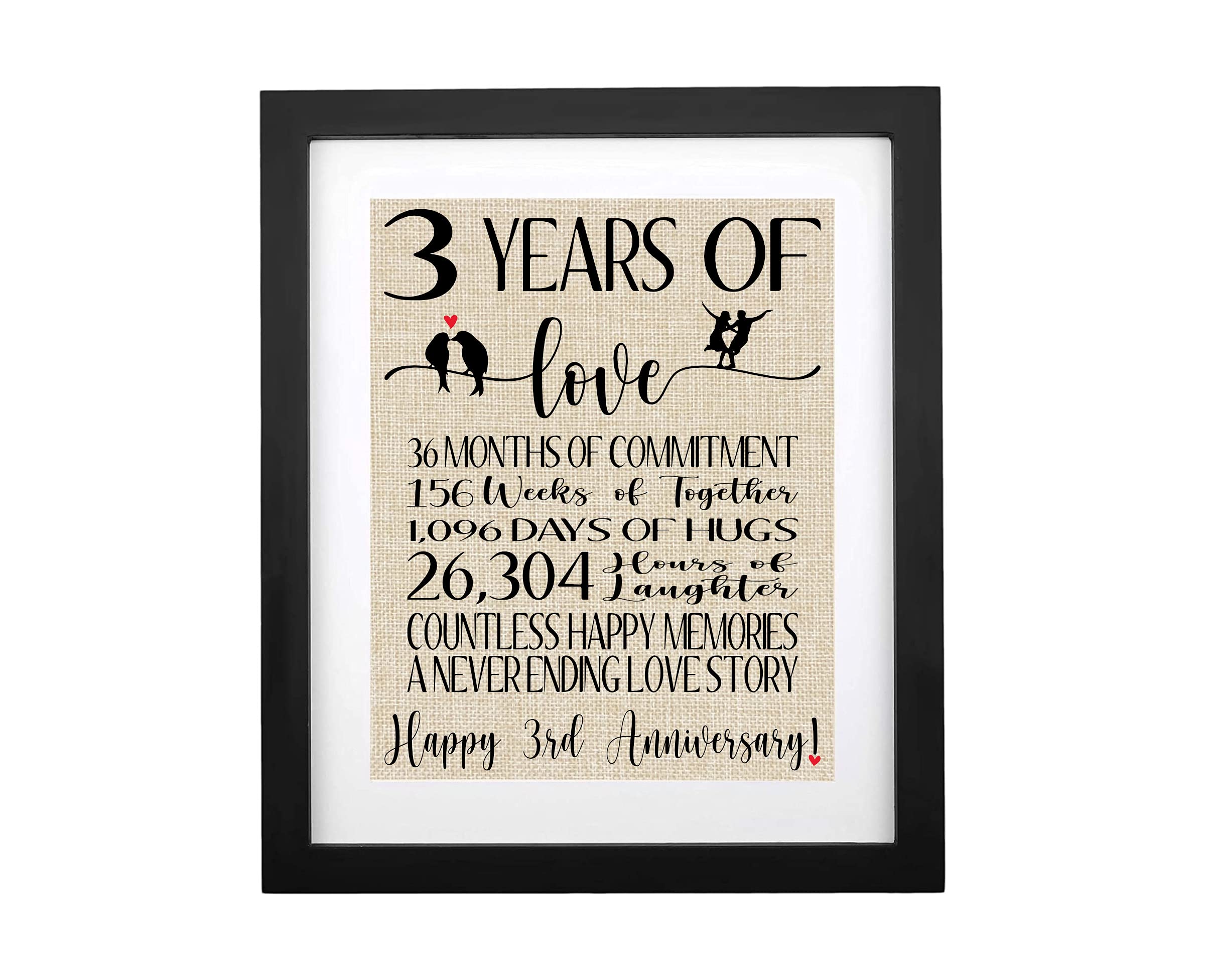 TOBOHU Romantic Burlap Print with Frame - 3rd Wedding Anniversary Gift for Couples, Husband & Wife - 3 Years Love Keepsake - Perfect for Home Decor & Romantic Surprises