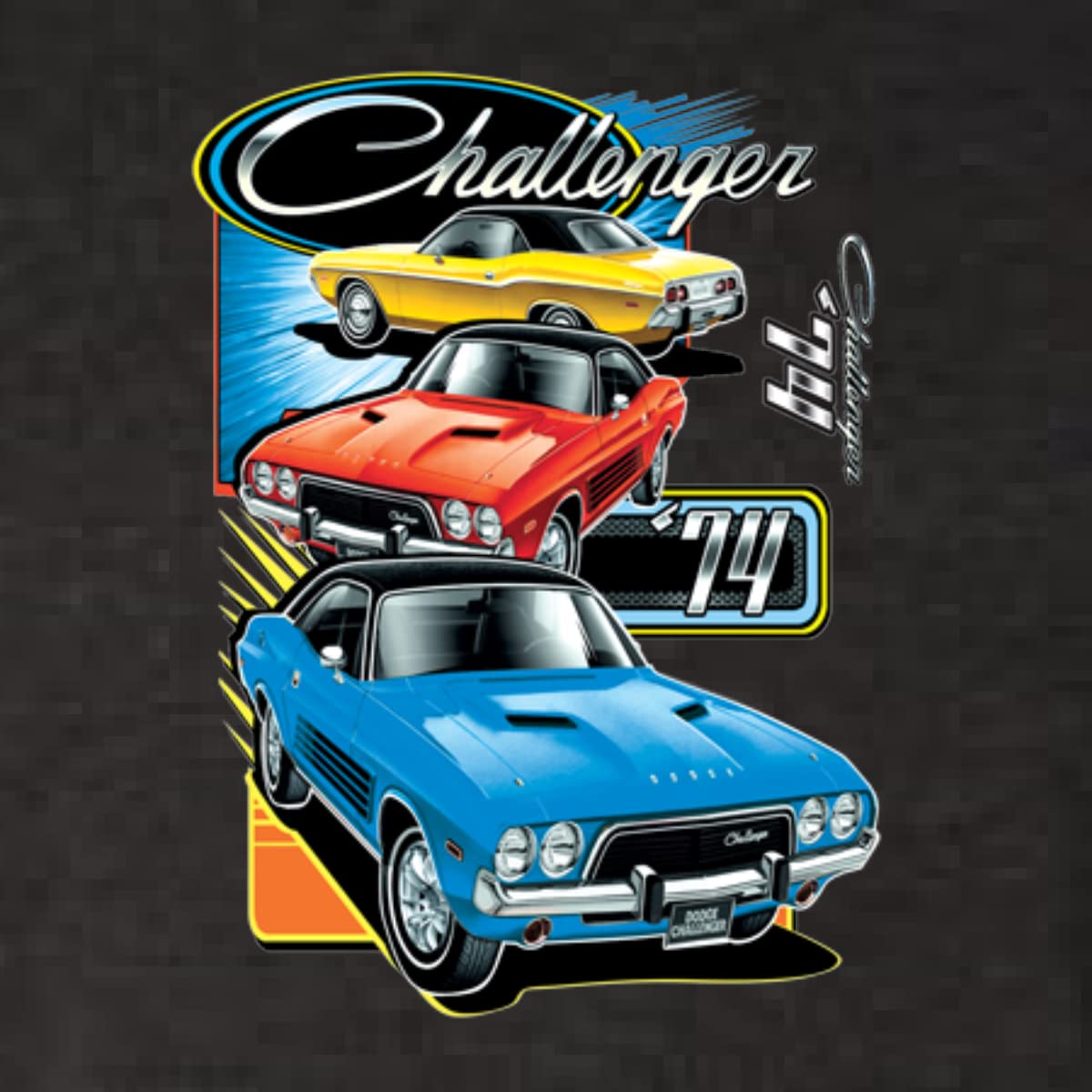 Vintage Dodge Challenger Retro 74 Car Print Women's Long Sleeve Scoop Neck T-Shirt - Classic Muscle Car Lover Gift, Casual Wear & Car Show Outfit