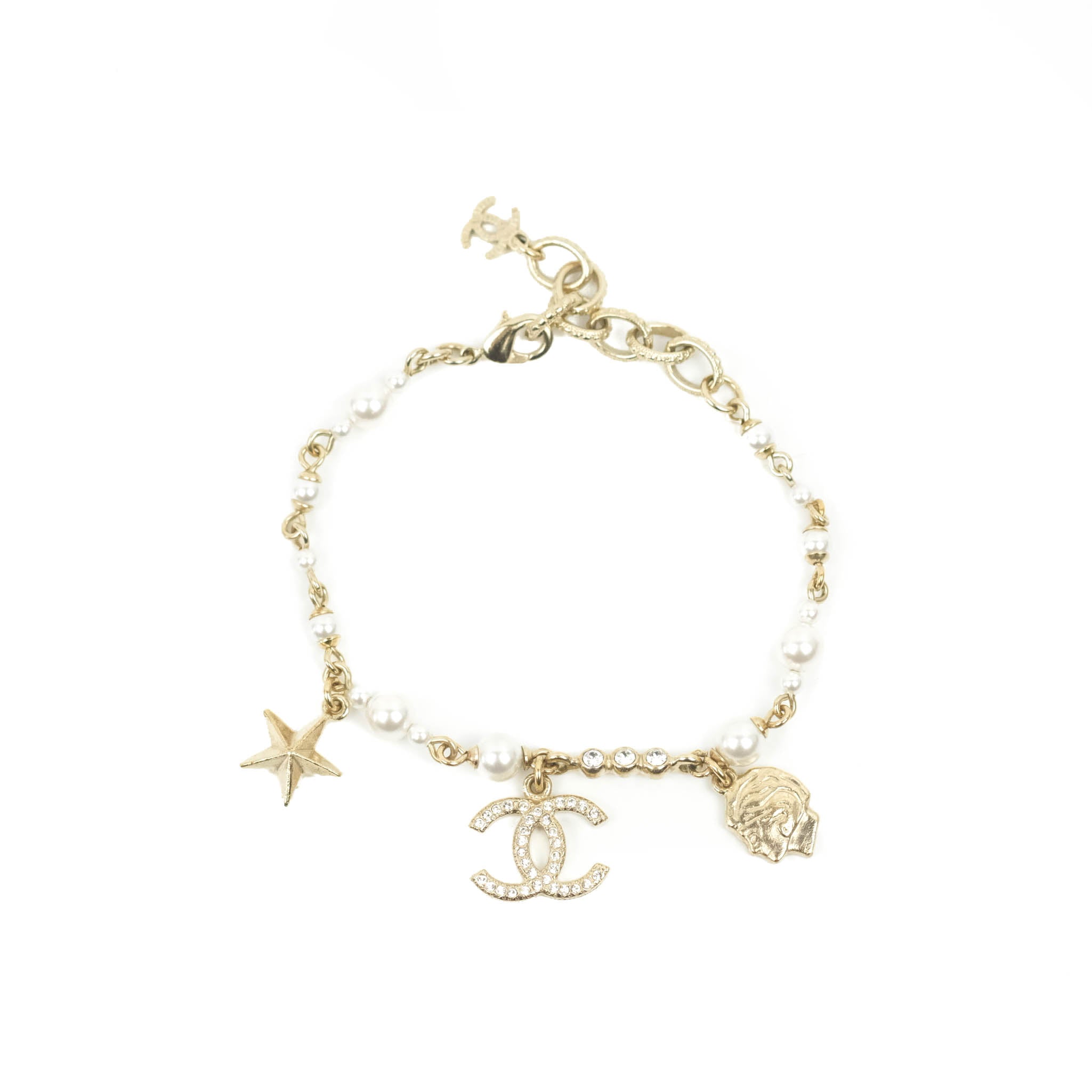 Chanel CC Crystal Pearl Charm Bracelet in Gold Tone - Elegant 20C Collection | Perfect for Parties, Weddings & Special Occasions