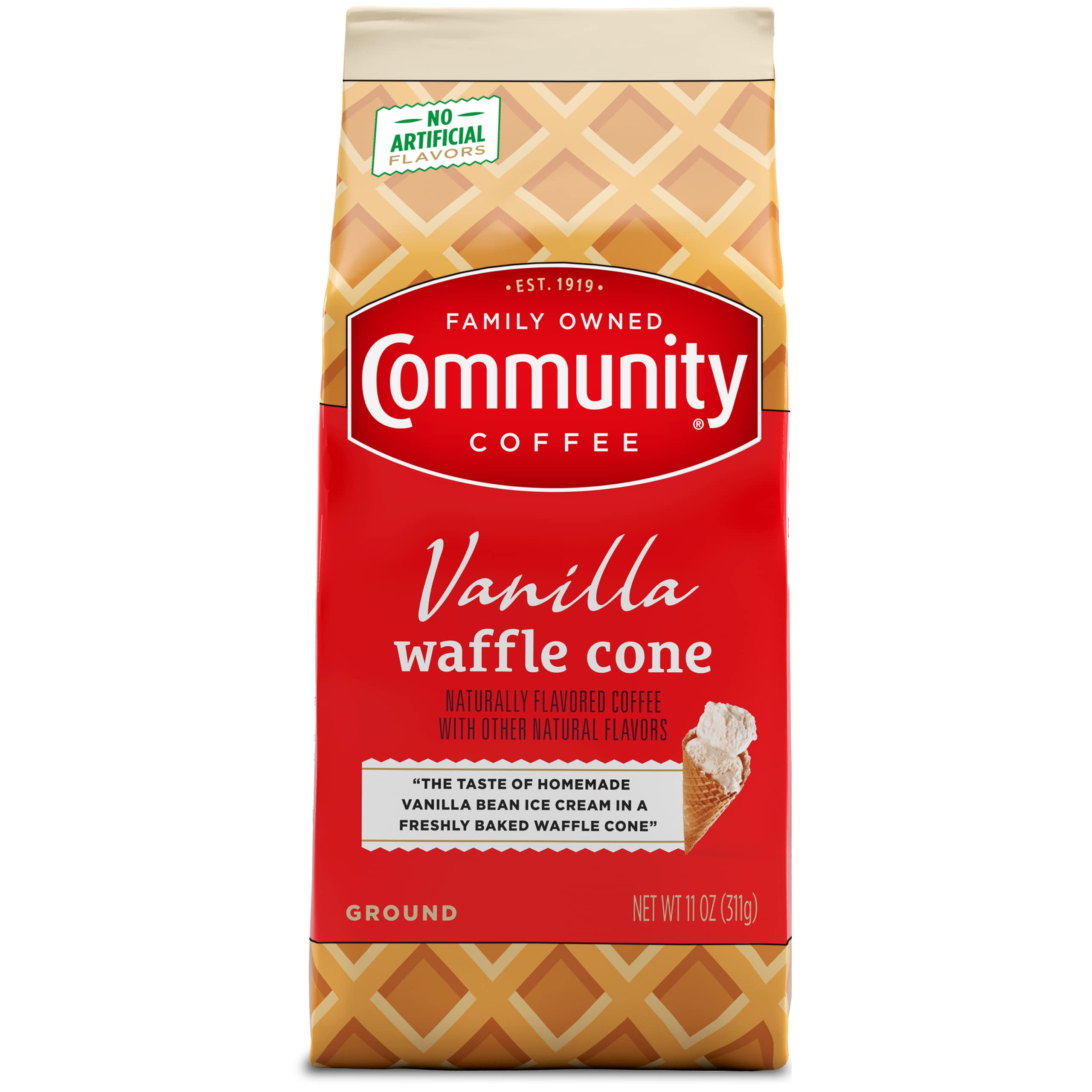 Community Coffee Vanilla Waffle Cone - Ice Cream Flavored Ground Coffee, 11oz Bag | Perfect for Morning Brew, Afternoon Pick-Me-Up & Dessert Pairing