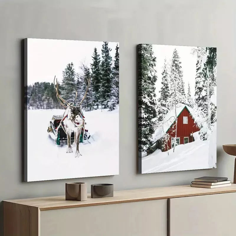 2Pcs Winter Wonderland Snowy Trees Deer Framed Wall Art Canvas Print 50x75cm - High Quality Australian Made Ready to Hang - Perfect for Living Room, Bedroom & Holiday Home Decor