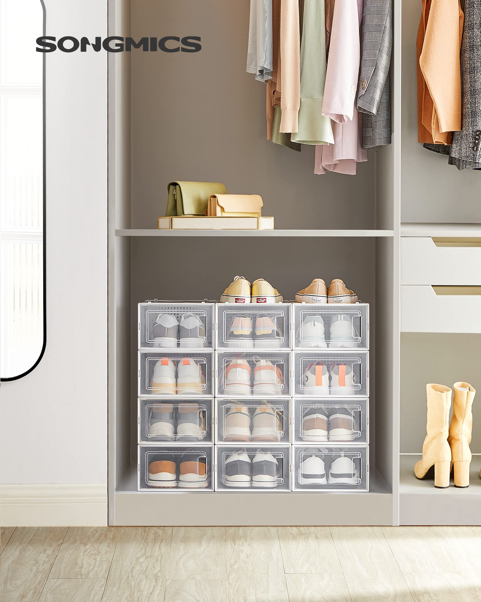 SONGMICS 12-Pack Clear Plastic Shoe Storage Boxes, Stackable Shoe Organizers for Closet - 9.1 x 13.1 x 5.6 Inches, Fits Up to US Men's Size 11 (Transparent & White) | Perfect for Sneaker Collection, Seasonal Shoe Rotation & Small Space Organization