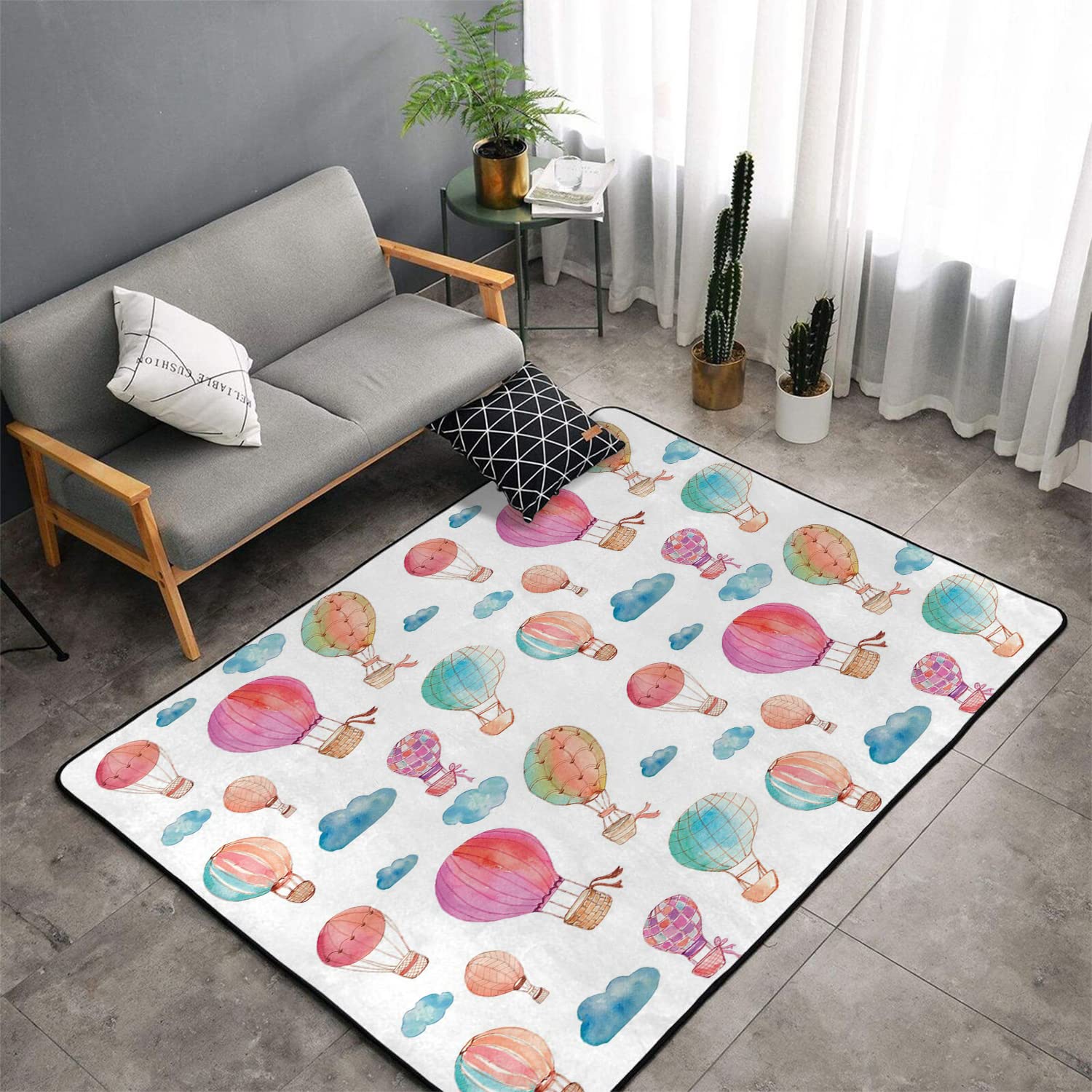 LANQiAO Hand-Painted Watercolor Modern Area Rug - Set of Cute Floating Hot Air Balloons with Blue Clouds Design, Blue Pink Coral, 59x83 Inch - Perfect for Living Room, Bedroom & Nursery Decor