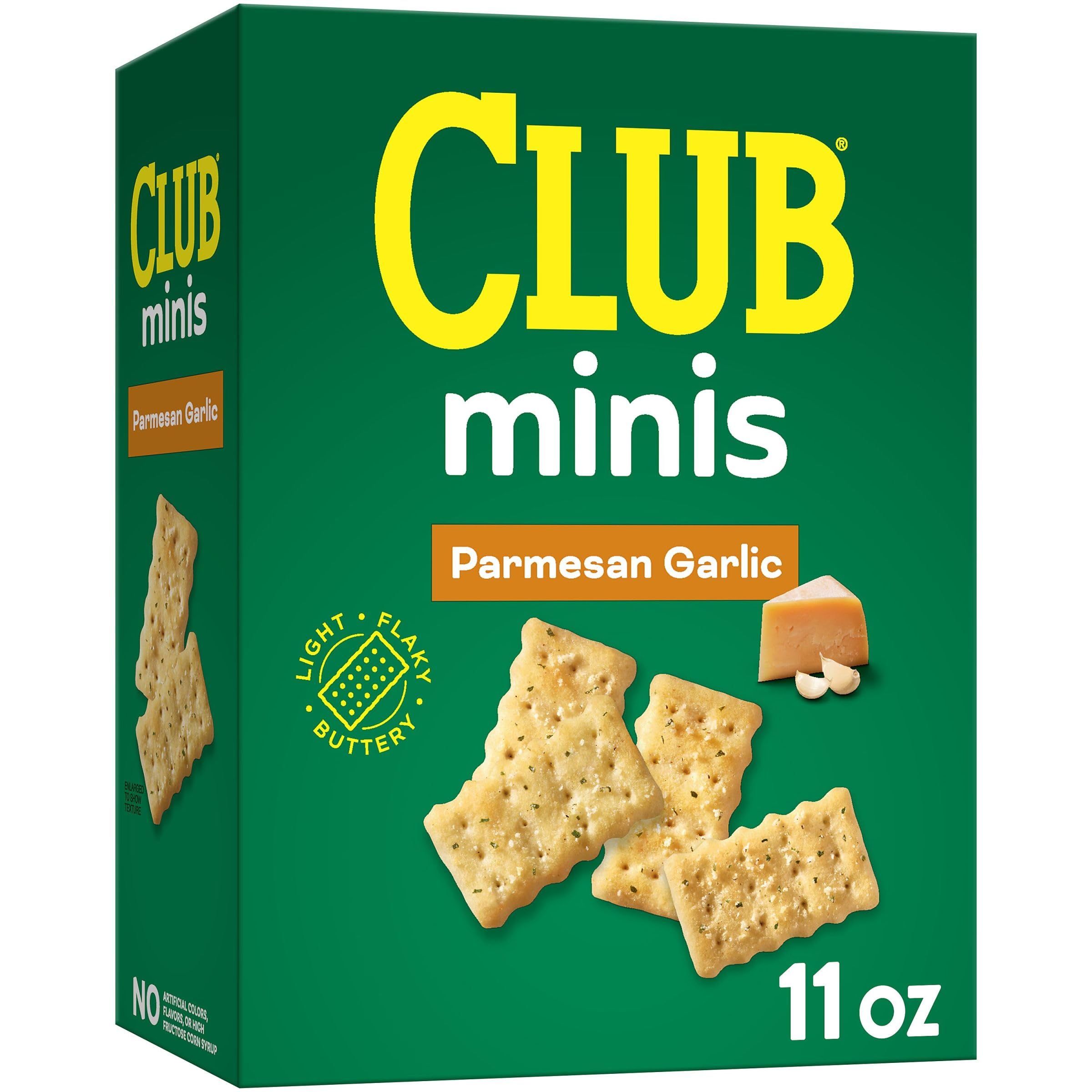 Club Minis Parmesan Garlic Crackers - 11oz Box (Pack of 1) | Crunchy Baked Snacks for Lunch, Parties & On-the-Go | Perfect with Dips, Cheese & Charcuterie Boards