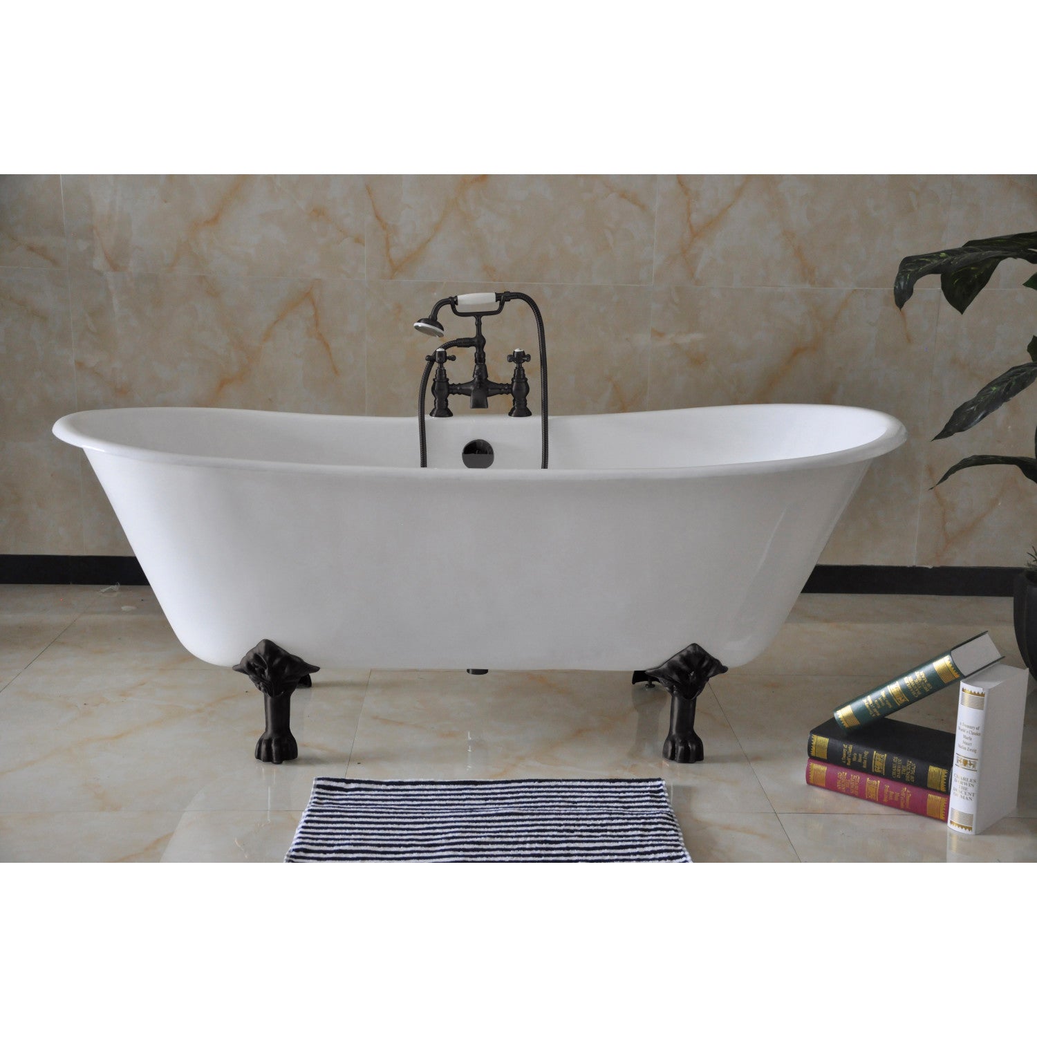 Aqua Eden 67 Inch White Matte Black Cast Iron Oval Double Slipper Clawfoot Bathtub with 7 Inch Faucet Drillings - Vintage Freestanding Soaking Tub for Luxury Bathroom & Spa Retreat