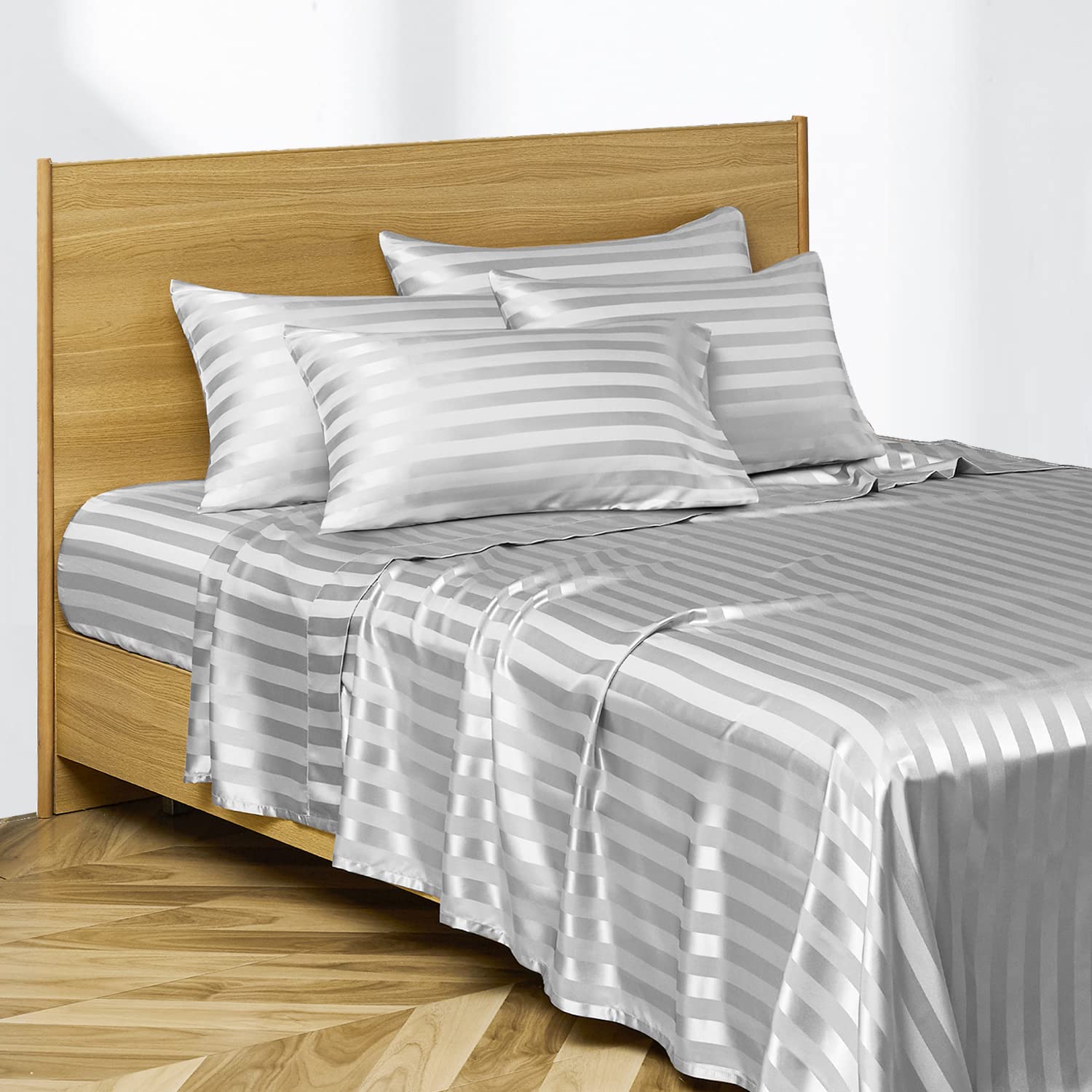 Luxury Candoury Satin Sheets Bed Set 6 Pcs - Queen Size Silky Soft Bedding Set with Pillowcases, Flat & Fitted Sheet - Hotel Style Silver Grey Striped Sheets for Ultimate Comfort - Perfect for Master Bedroom, Guest Room & Airbnb Stays