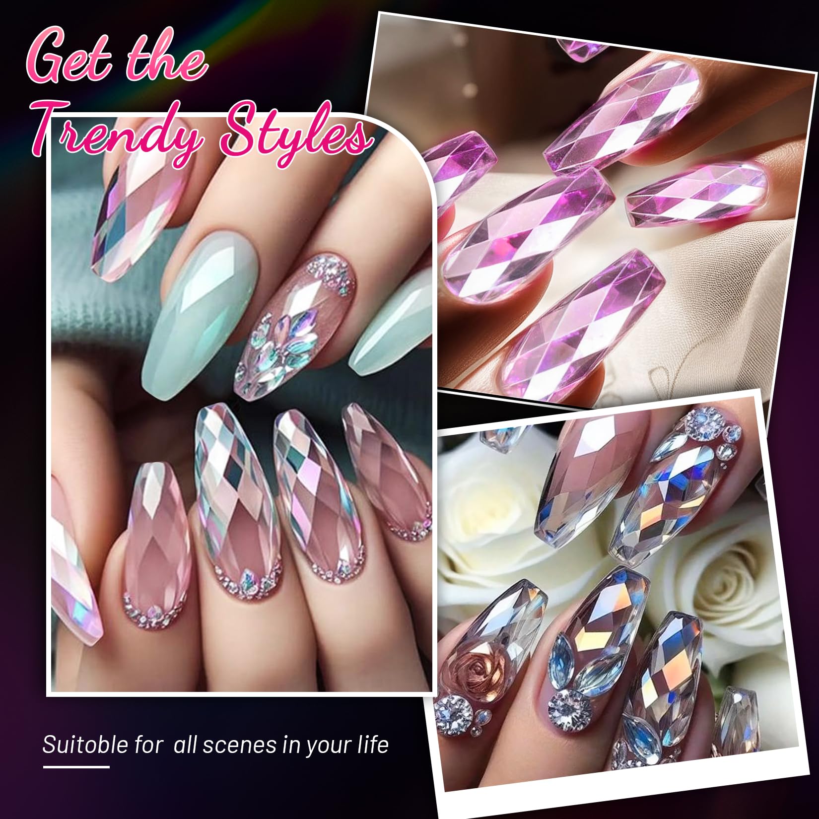 Ranrose 120PCS 3D Diamond Coffin Nail Tips - Medium Length Clear Acrylic Press On Fake Nails with Glitter Designs for Nail Extension, Salon & DIY | Perfect for Parties, Weddings & Special Occasions