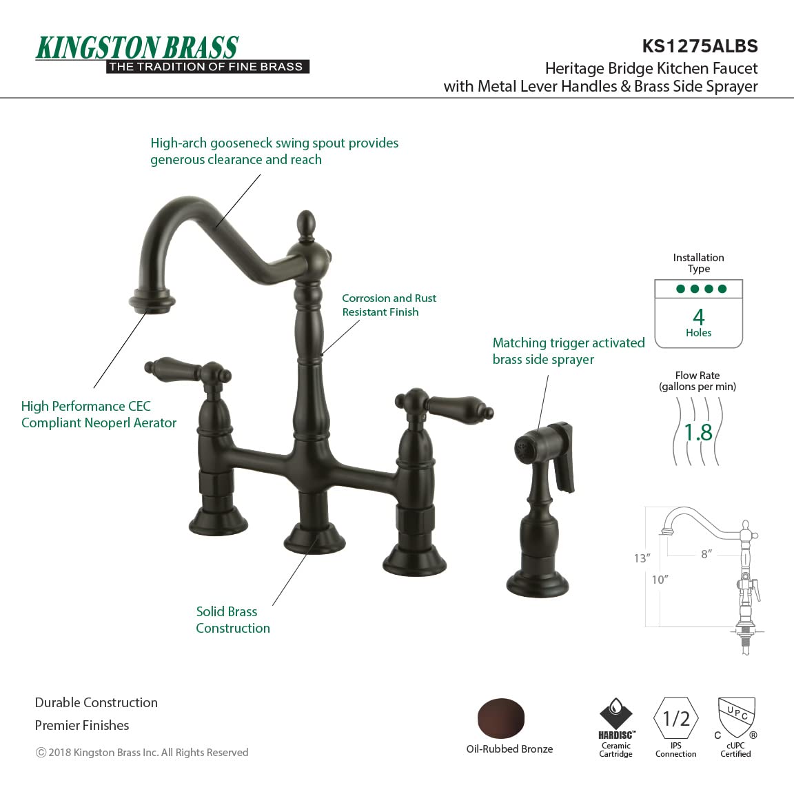 Kingston Brass Elements of Design ES1275ALBS New Orleans 8-Foot Center Kitchen Faucet with Side Sprayer, Oil Rubbed Bronze Finish - Perfect for Modern Farmhouse & Traditional Kitchen Renovations