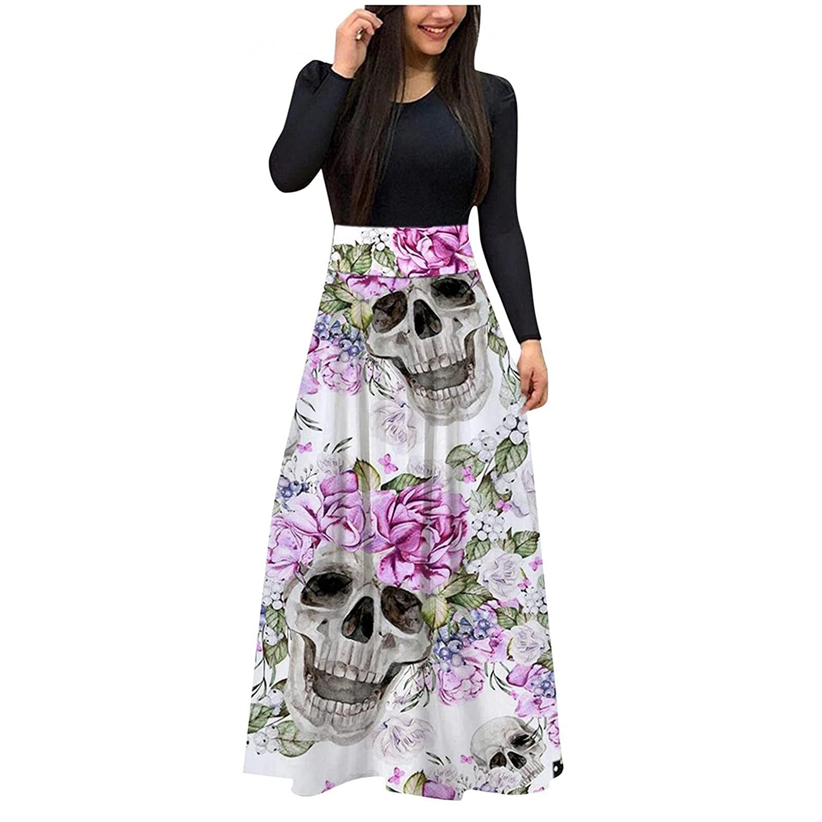 Women's Halloween Funny Print Maxi Dress 2021 - Long Sleeve Fall Boho Dress for Wedding Guest, Homecoming & Casual Wear | Perfect for Halloween Parties, Autumn Events & Boho Chic Outfits