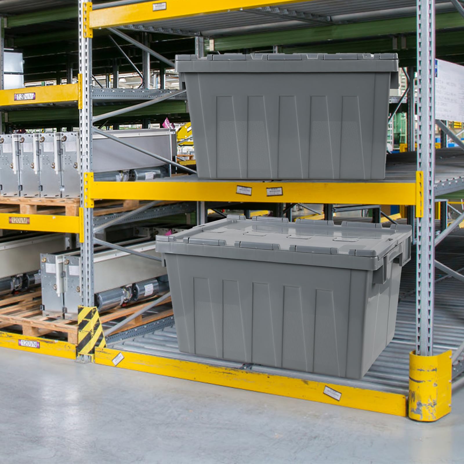 15 Gallon Heavy-Duty Storage Container with Hinged Lid - Industrial Plastic Storage Tote Bin (4-Pack) - Perfect for Warehouse, Garage Organization & Bulk Item Storage
