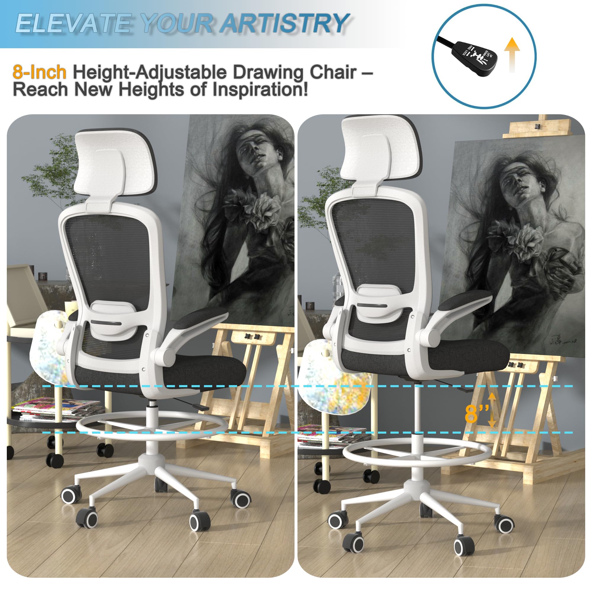 Mimoglad Adjustable Drafting Chair with Lumbar Support - Ergonomic Mesh Office Chair for Standing Desk, Drawing & Computer Work - Perfect for Architects, Designers & Home Office Use