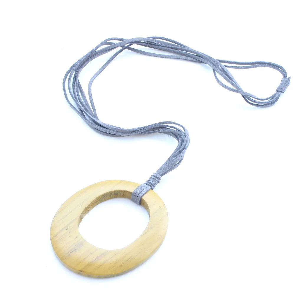 Mustard Yellow Long Wooden Oval Pendant Necklace with Suede Cord - Perfect for Boho, Hippie, and Festival Fashion
