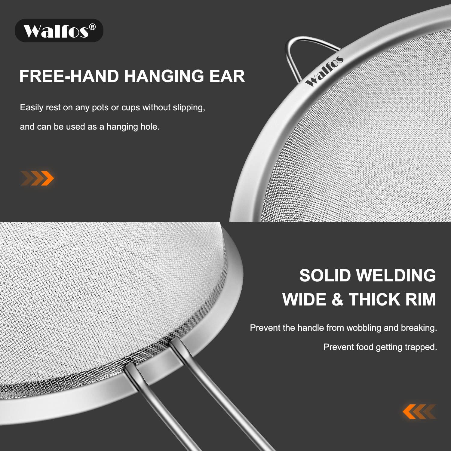 Premium Stainless Steel Fine Mesh Strainers Set - 3 Sizes with Reinforced Frame & Sturdy Handle for Sifting, Straining, Draining - Ideal for Vegetables, Pasta, Tea, Baking & Kitchen Use