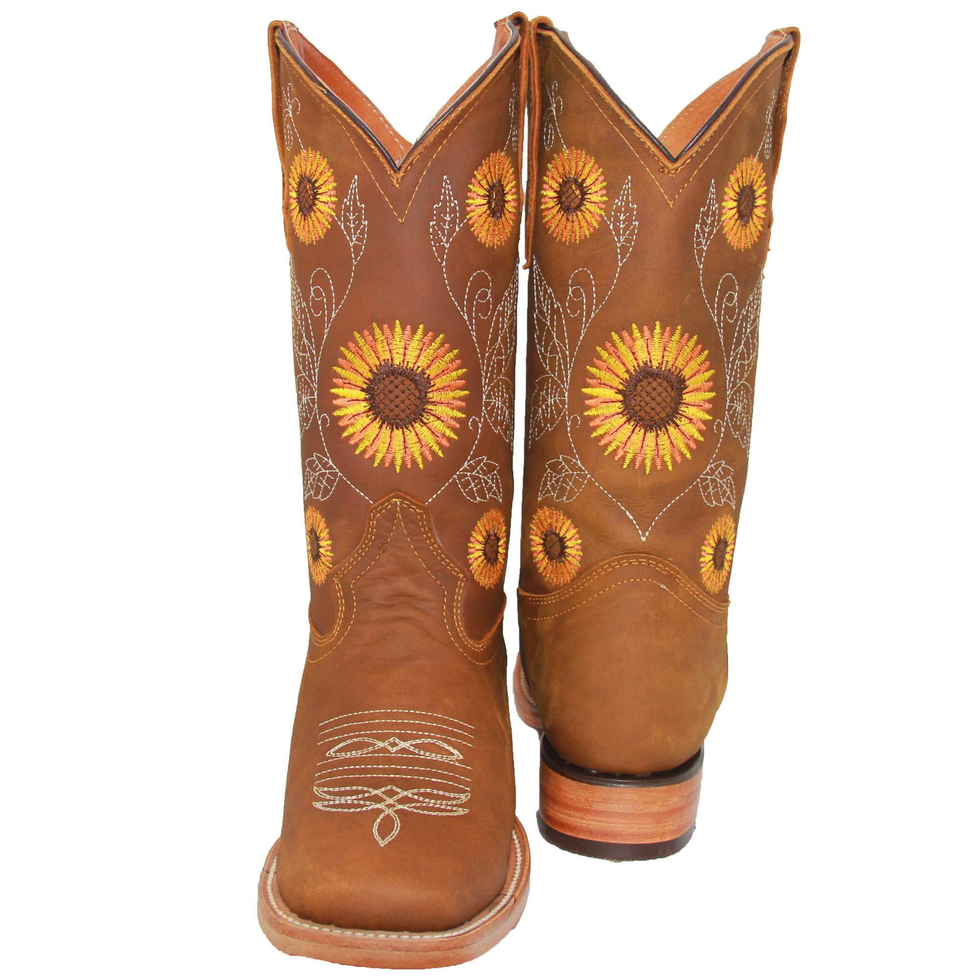 **Women's Western Cowboy Boots - Square Toe Leather Boots with Sunflower Embroidery | Country Style, Rodeo, Line Dancing & Casual Wear**