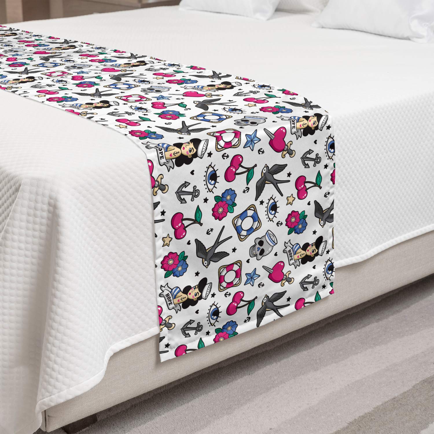 Ambesonne Colorful Bed Runner - Cartoon Illustrated Skulls, Hearts, Flowers & Sparrows Design - Decorative Accent Bedding Scarf for Queen Size Beds - White & Multicolor - Perfect for Hotels, Homes & Guestrooms - Adds Fun Style to Bedroom Decor