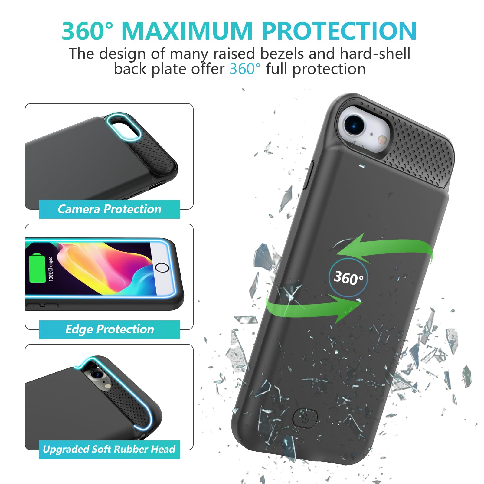 Ultra Slim 6000mAh BOPPS Battery Case for iPhone SE (2022/2020/3rd/2nd Gen)/8/7/6/6s - Rechargeable Extended Charging Case (Black) | Perfect for Travel, Work & Outdoor Activities