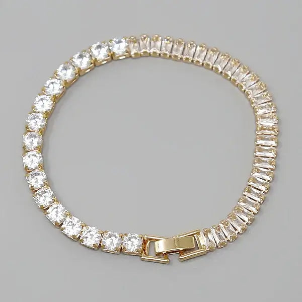 Emerald Cut & Round CZ Stone Gold Pave Statement Bracelet - Elegant Cubic Zirconia Jewelry for Women - Perfect for Weddings, Parties & Special Occasions