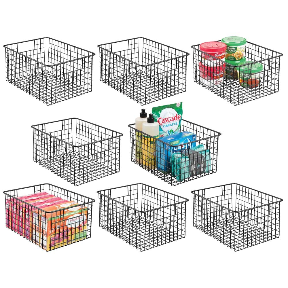 mDesign 8-Pack Black Metal Wire Storage Baskets with Handles - Kitchen Cabinet Organizer, Pantry Shelf, Bathroom & Laundry Room Storage Solution - Concerto Collection - Perfect for Home, Office & Garage Organization