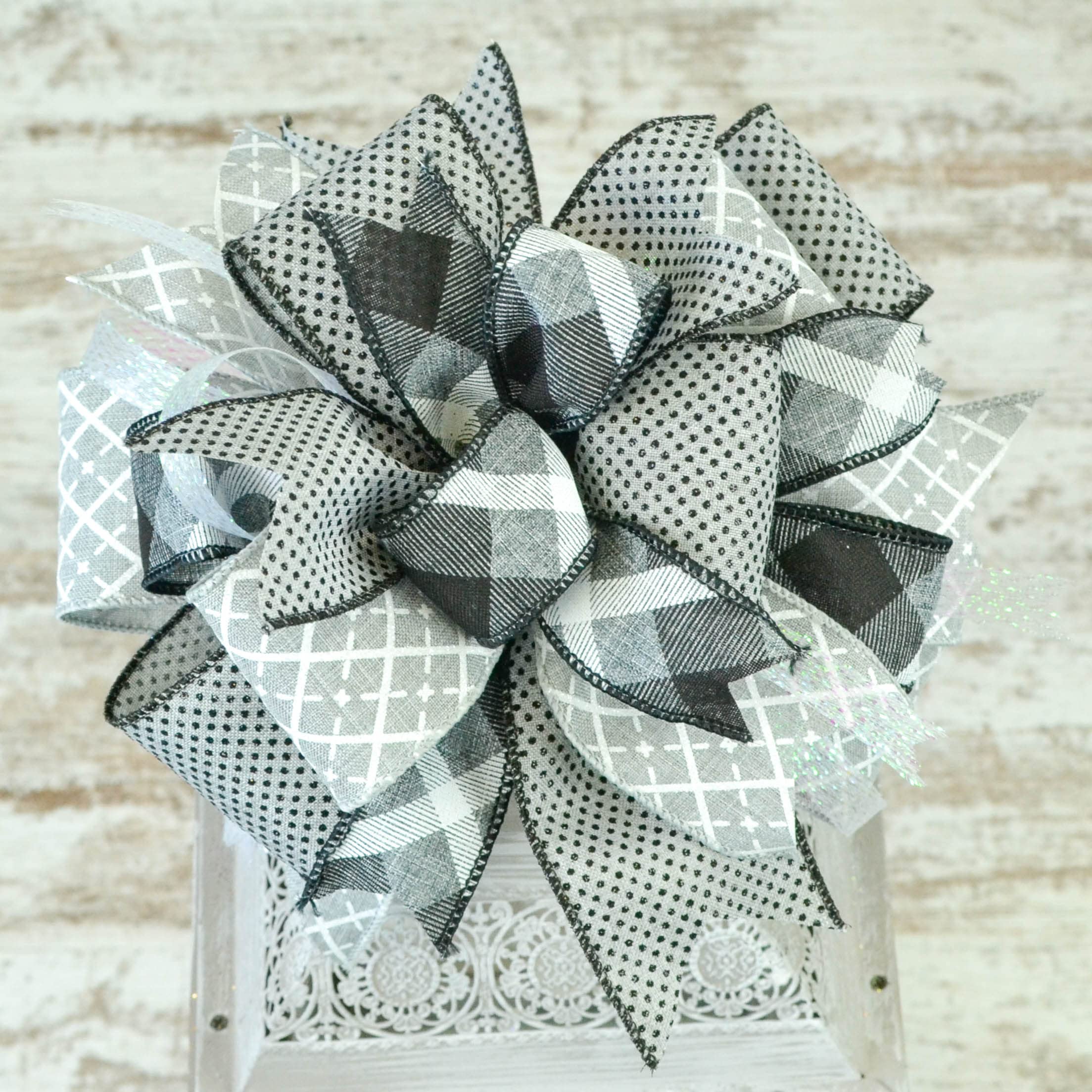 Farmhouse Burlap Lantern Wreath Bow - Handmade Layered Decorative Embellishment for DIY Wreaths (Set of 10, Grey/Black) - Perfect for Front Door Decor, Seasonal Wreath Making, and Rustic Home Decor