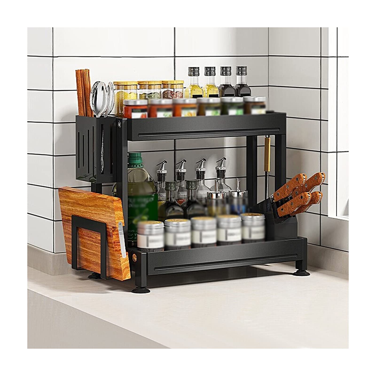 TOMYEUS 2-Tier Spice Rack Organizer - Space Saving Kitchen Shelf for Seasoning Bottles, Spices & Condiments - Perfect for Pantry, Cabinet or Countertop Storage