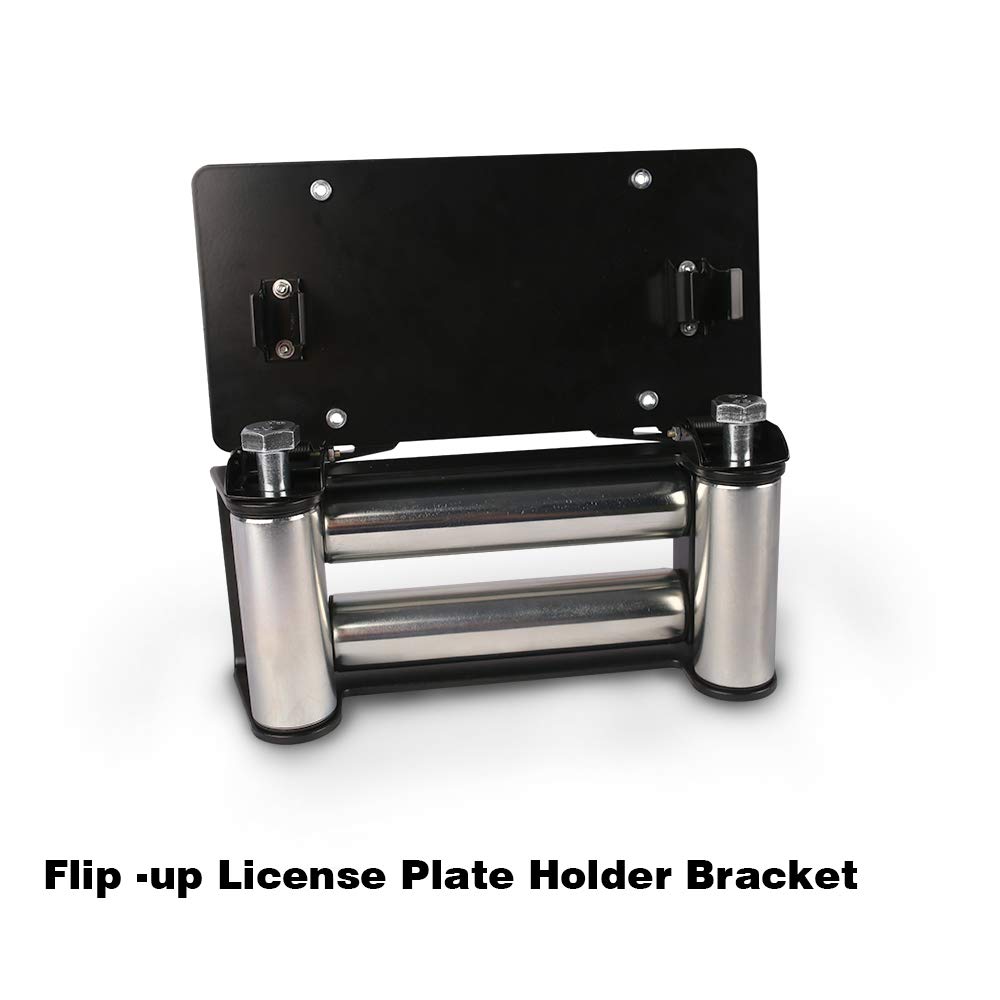 ZESUPER Flip-Up Winch Roller Fairlead with Stainless Steel License Plate Mount - Heavy Duty Off-Road Accessory for Jeep, Truck & ATV - Perfect for Trail Riding, Towing & Recovery Operations