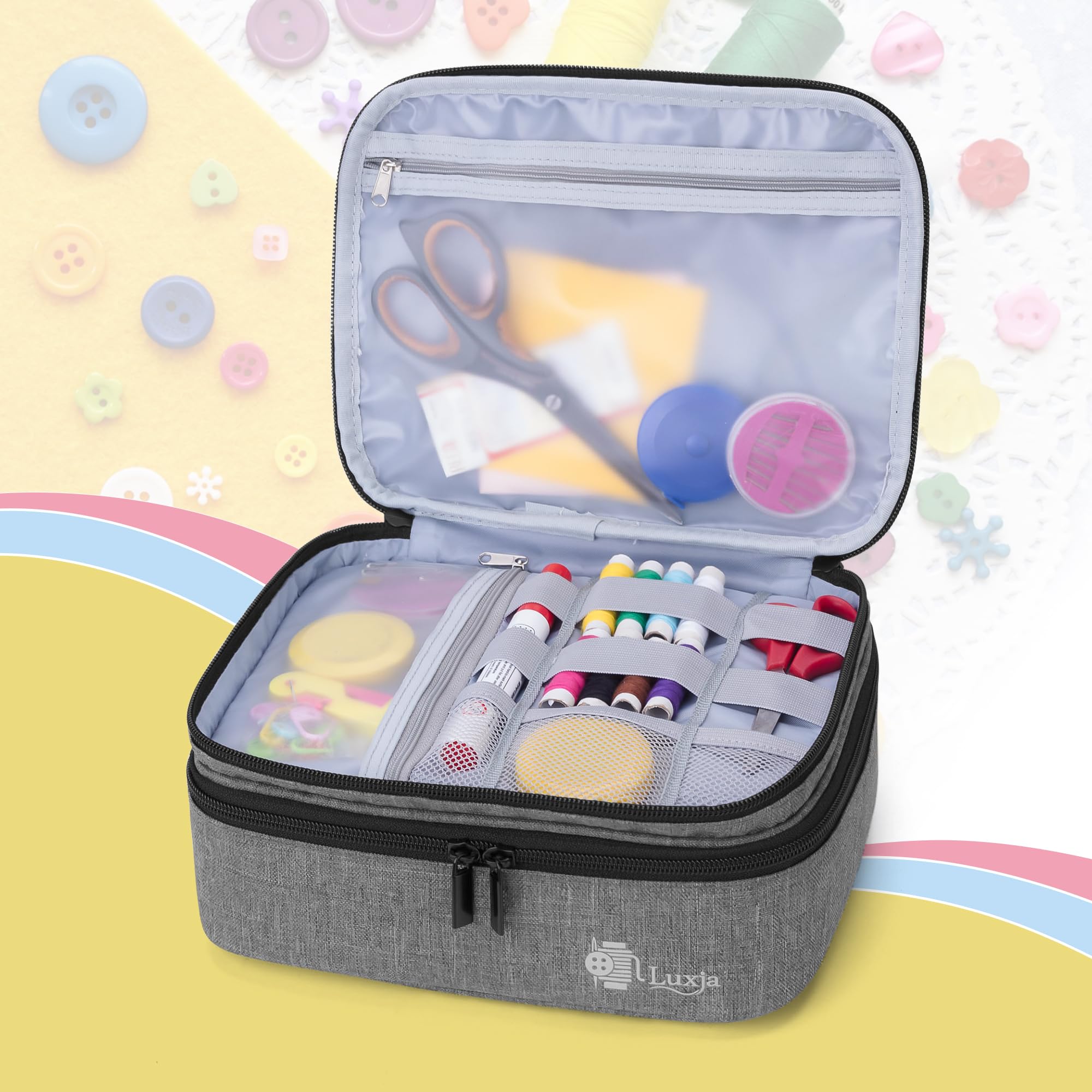 Luxja Double-Layer Sewing Supplies Organizer - Medium Gray Sewing Bag for Needles, Thread, Scissors & Measuring Tape - Perfect for Sewing Kits, Craft Storage & Travel Sewing Projects