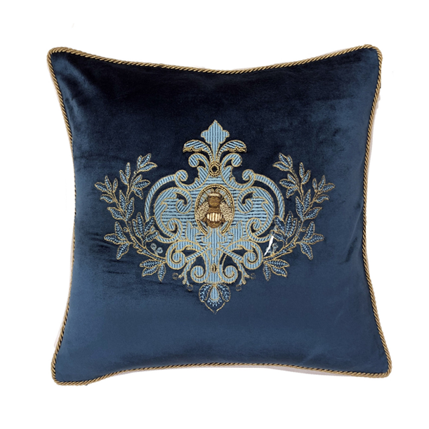 Hand Embroidered Navy Blue Filigree Bee Cushion with Feather Filling - Perfect for Boho Home Decor, Living Room Throw Pillow & Bedroom Accent
