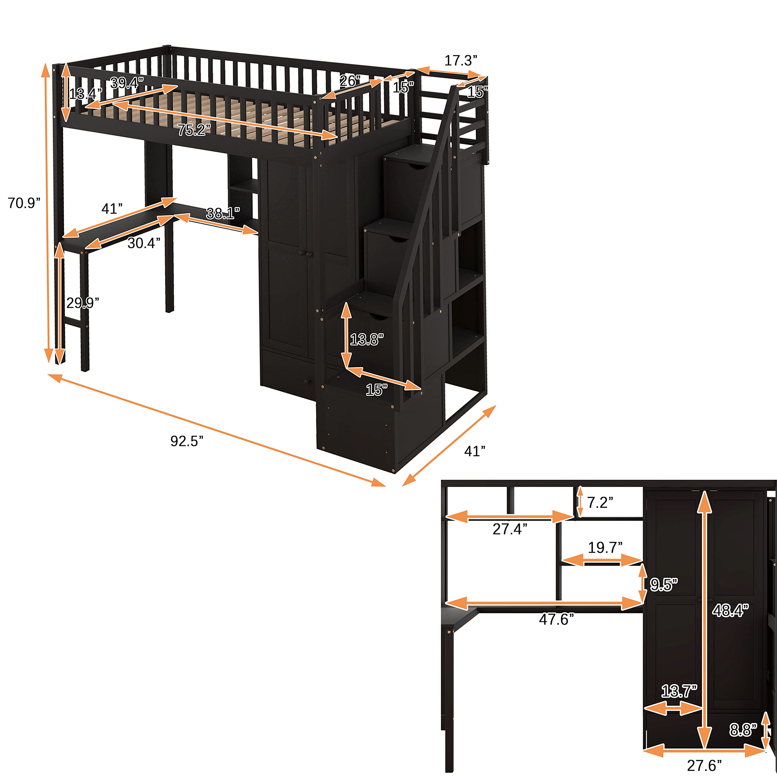 Harper & Bright Designs Twin Size Wood Loft Bed with Desk, Wardrobe, Bookshelf & Drawers - Space-Saving Study & Sleep Solution for Kids & Teens - Espresso Finish
