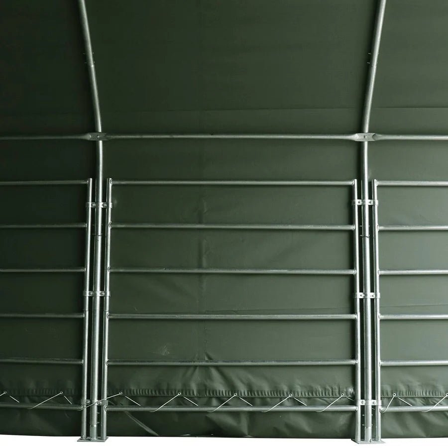 13ft, 26ft & 32ft Heavy Duty Livestock Corral Shelter - 12' Dome Roof with 17oz Green PVC Cover, 6 Bar Panels & 5' Swing Gate for Horses, Cattle & Farm Animals | Perfect for Pasture, Ranch & Livestock Protection